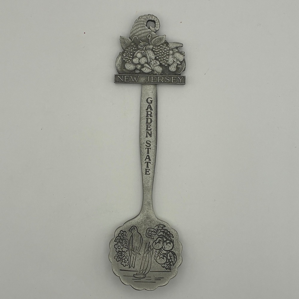 Fort Pewter New Jersey Garden State Souvenir Spoon Cornucopia Sailboat 4.5"
